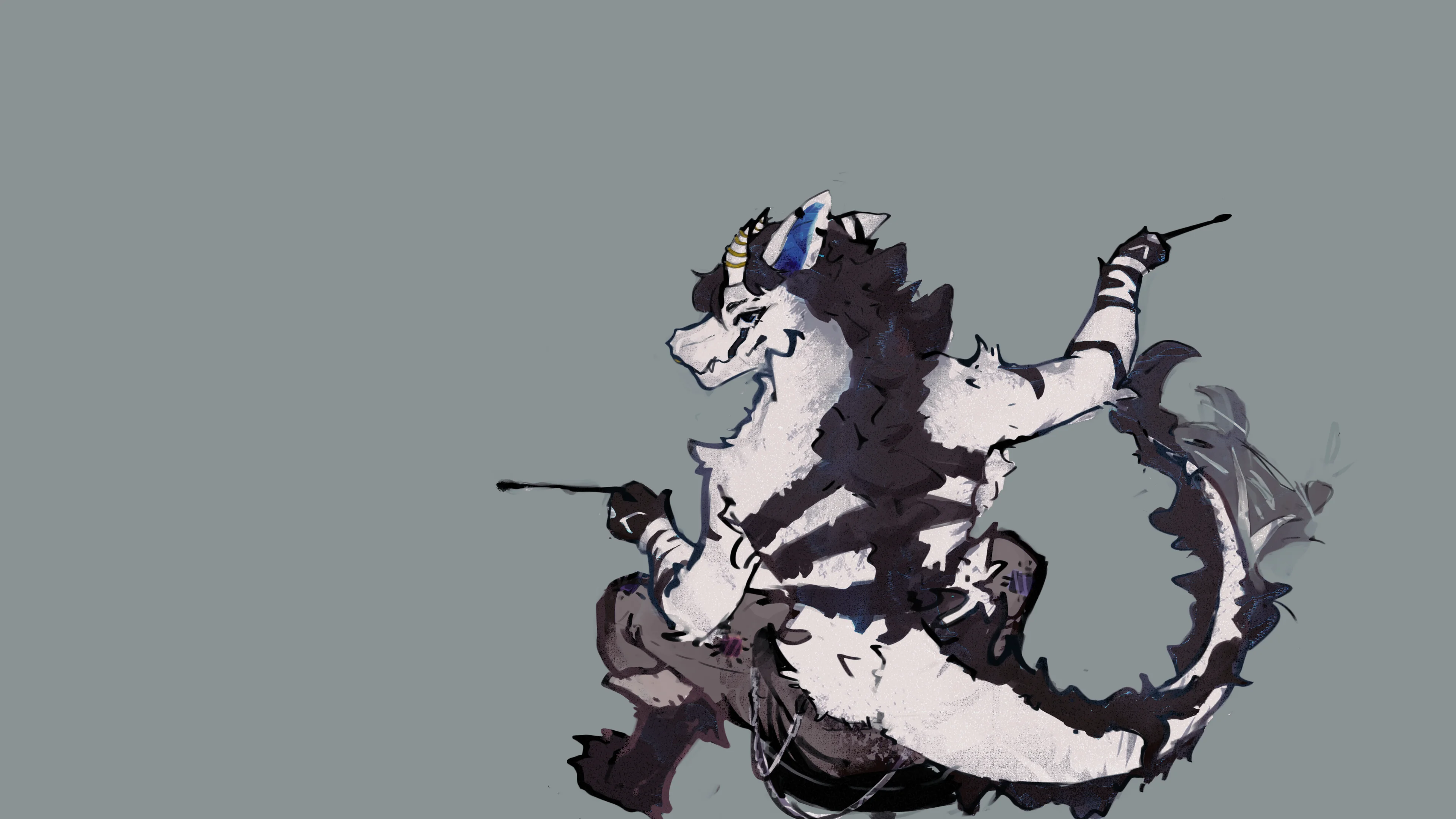 A badass, wolf-like beast with dark and light fur is jamming out on a drum set. The drums are all jazzed up with golden cymbals, and the background's a chaotic mess of dark, abstract patterns. The wolf's fur is super detailed, with a striking blue horn and a fluffy tail.